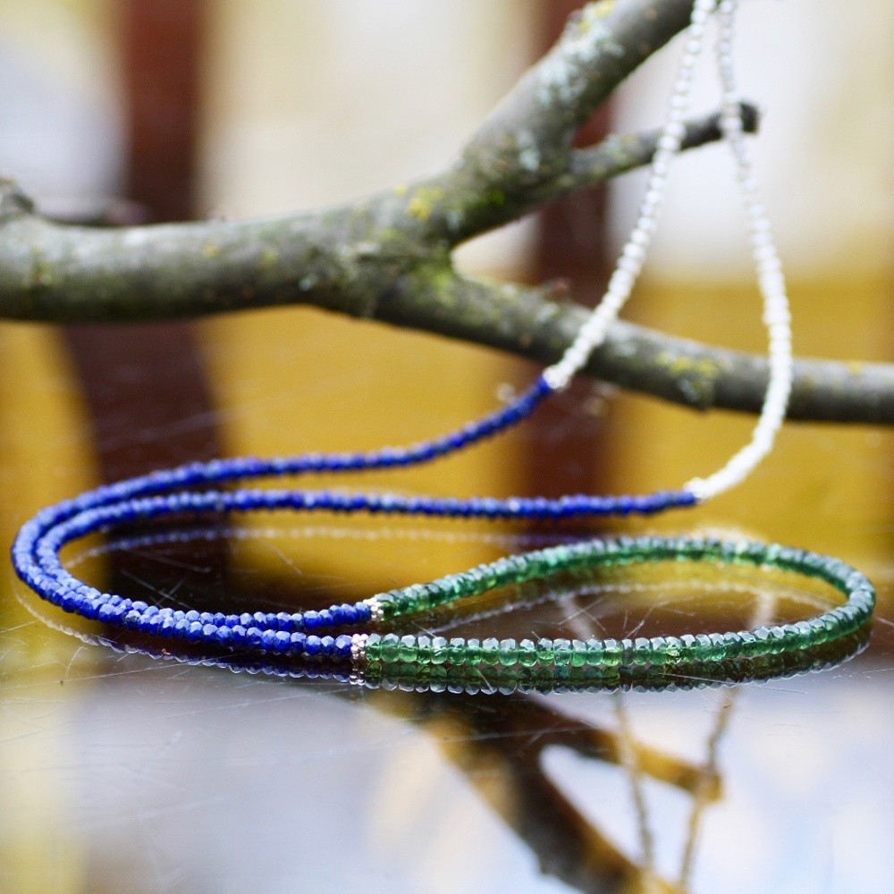 New Handmade Lapis Lazuli Apatite Pearl Wrap Bracelet Necklace Sterling Silver